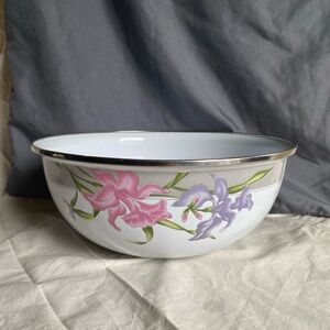 Vintage GMI Iris Floral Enamel Metal Mixing Bowl - 10.5”